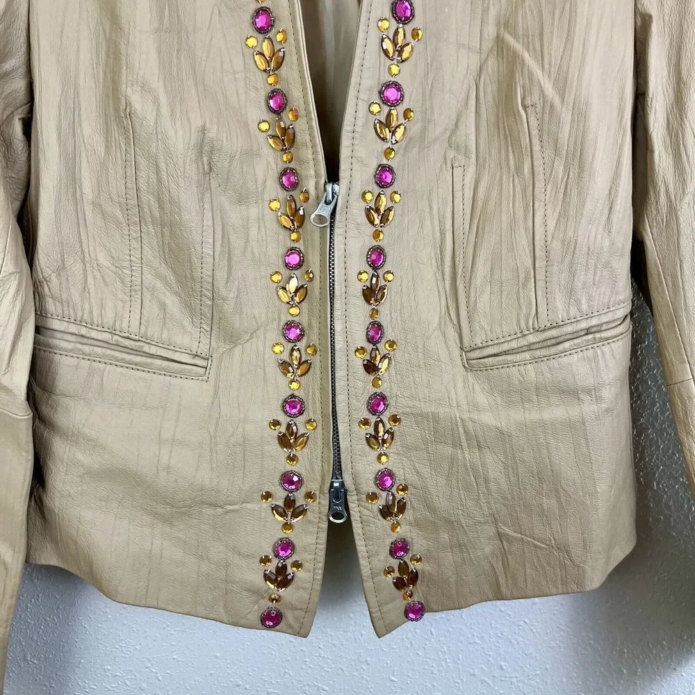 Venus Vintage Y2K Leather Jacket Womens M Beige Sequin Beaded Collarless Zip
